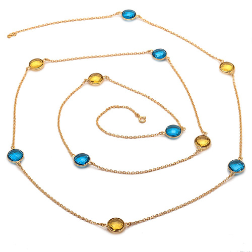 Blue Topaz & Citrine Quartz Gemstone Chain Necklace