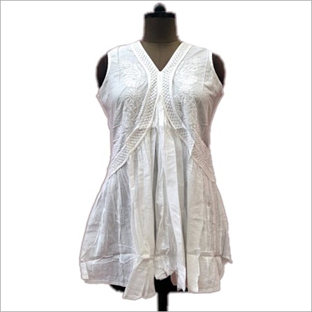 Chikan Kurtis - Cotton, 28 Inches, White | Elegant Design, Intricate Embroidery, Comfortable, Sleeveless V-Neck