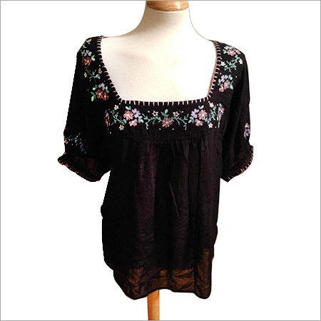 Cotton Tops - Cotton, Medium, 24 Inch, Black | Floral Embroidery, Soft Fabric, Square Neckline, Short Sleeve, Comfortable Fit