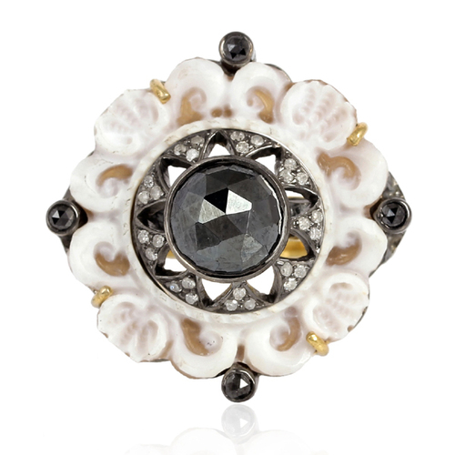 18k Gold & .925 Silver Cameo Cocktail Ring - Diamond, Black Spinel, Pave & Prong Settings, Elegant Luxury Design