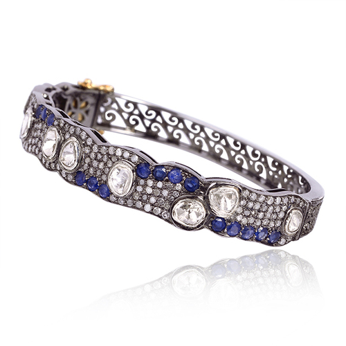 Blue Sapphire Bangle - 18kt Gold & 925 Sterling Silver, 2.54ct Gemstone with 3.326ct Natural Uncut & Rose Cut Diamonds