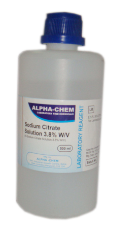 Sodium Citrate Solution 3.8% w/v - 500ml Plastic Bottle, LR Grade, High Purity, Ready-to-Use