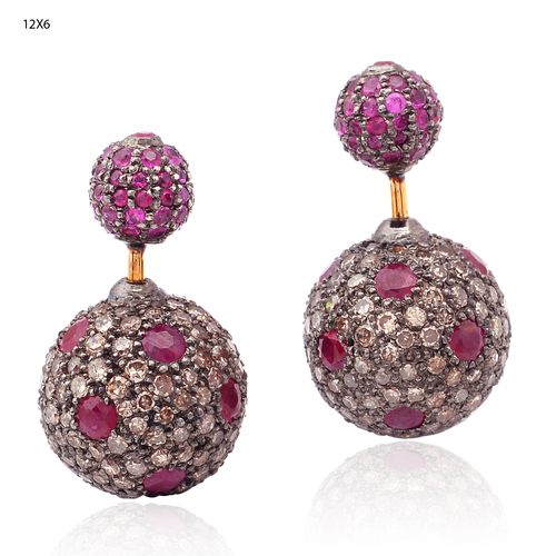 Diamond Ruby Ball Earrings - 18k Yellow Gold & .925 Sterling Silver, Pave Setting, Double Ball Style, Diamond & Ruby Stones