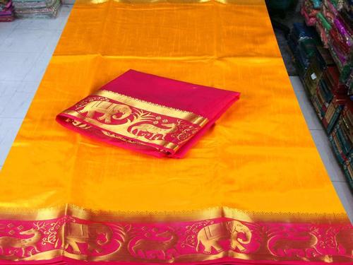 Orange Sethnic Hand Dyed Raw Silk Sari Animal Zari Bordar