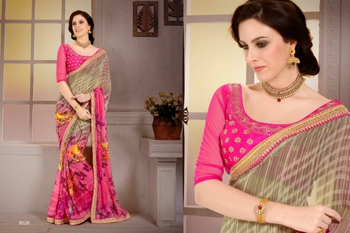 Red and Brown Georgette Art Silk Designer Saree