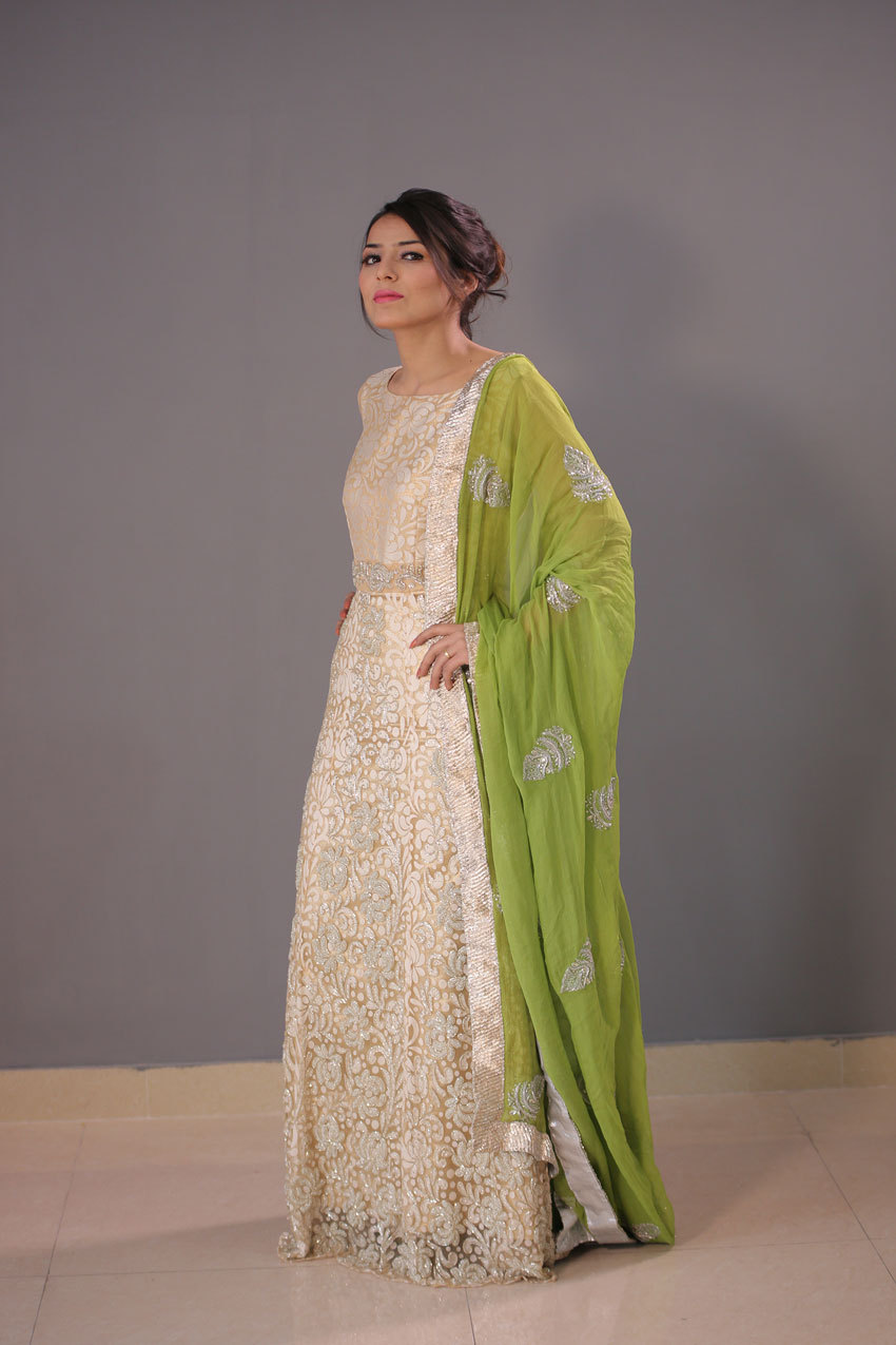 Anarkali Designer Heavy Party Wear - Net Fabric, 54 Inches, Off-White with Lime Green Dupatta | Elegant Design, Handcrafted Silver Embroidery, Comfortable Fit