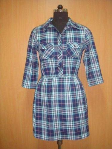 Tunic - Cotton, Blue, Mini Length | Button Closure, Elastic Waist, Check Pattern, Relaxed Fit, Two Pockets, Three-Quarter Sleeve