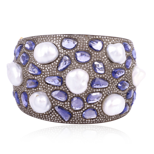 Blue Sapphire & Pearl Gold Bangle