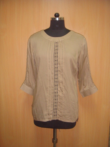 Ladies Blouse - Silk Medium Beige, Round Neck, Three-Quarter Sleeves | Lace Front and Sleeves, Elegant Design, Comfortable Fit