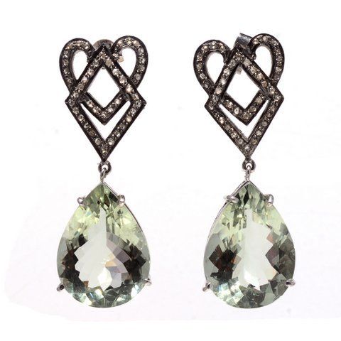 Pear Green Amethyst & Diamond Gemstone Victorian Earring