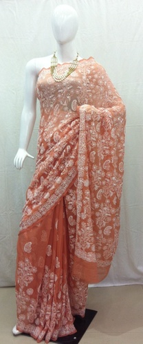 Chikan Saree - Chiffon, 5.5 Meters, Peach | Elegant Design, Fine Embroidery, Soft Fabric, Luxurious Feel