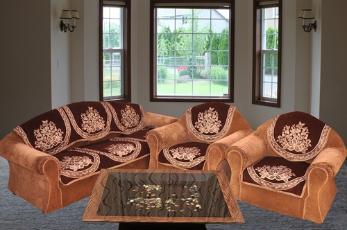 DARK CHOCOLATY 5 SEATER SOFA COVER - Chenille Fabric, 23x27 Inch (Set of 10 Panels) | Embroidered Pattern, Rectangular Shape, Ideal for Home and Hotel