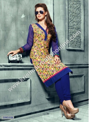 Fancy Cotton Kurti - Pure Cotton, Santoon Inner, Multicolor | Soft Cotton, Ethnic Pattern, V-Neck, Three Quarter Sleeve, Floor Touch Style