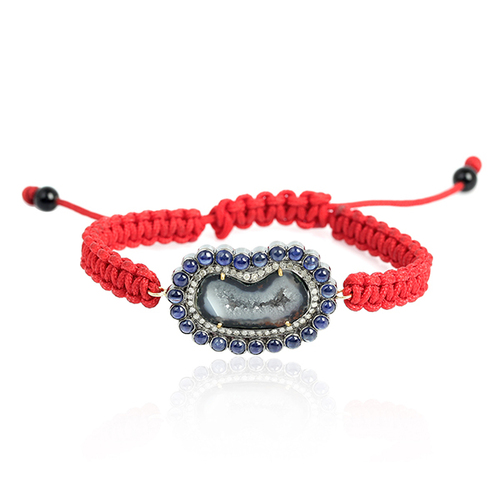 Geode Macrame Bracelet - 18k Yellow Gold & .925 Silver, Diamond, Sapphire, Onyx Stones | Adjustable Length, Elegant Design, Durable Cord