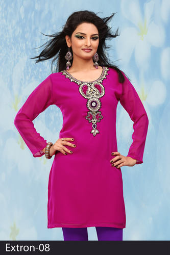 Chiffon Georgette Kurti - 60 GSM Pink Chiffon Georgette with Lining, Handworked Neckline, Elegant Design