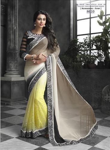 Saree Exotica Brown and Beige Faux Chiffon and Net Embroidery saree