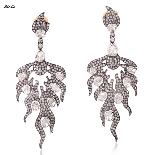 18k Gold & .925 Silver Rose Cut Diamond Dangle Earrings - Pave & Bezel Setting, Elegant Design