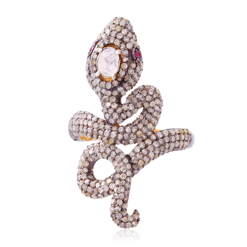 Rose Cut Diamond Ruby Snake Design Ring