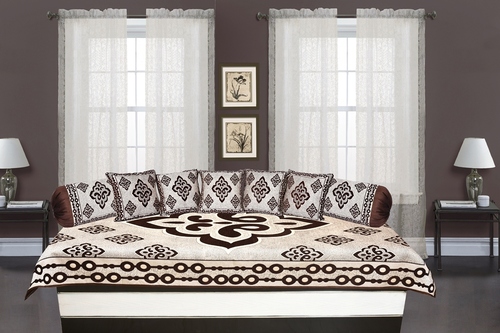 Decent Chenille Diwan Set - Cotton 5 Cushion Covers (18x18) 1 Diwan Sheet (54x90) 2 Busters (18x32) | Washable Printed Polyester Filling Suitable for Home & Hotel
