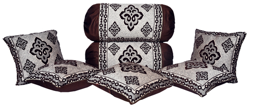 Combo Of Chenille Cushion And Bolster Cover - Chenille Fabric 5x 18x18 Inch Cushion Covers & 2x 18x31 Inch Bolster Covers | Embroidered Pattern Square Shape for Home & Hotel