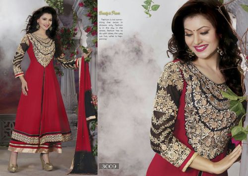 Anarkali Designer Suits - Soft Material, Floor-Length, Red | Stylish Look, Elegant Embroidery, Perfect Fit