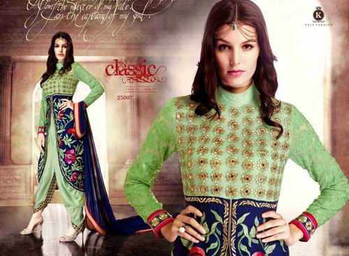 Embroidery Work Suit - Silk Cotton, Light Green, Floral | Handcrafted Embroidery, Elegant, Comfortable Fit