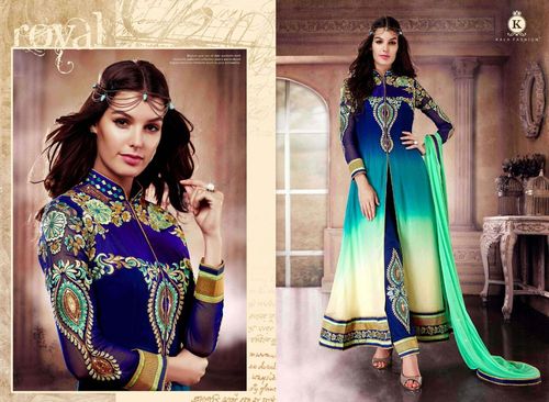 Anarkali Designer Suits - Silk Blend, 54 Inches, Blue | Elegant Design, Embroidered Work, High Neck, Long Sleeves, Comfortable Fit