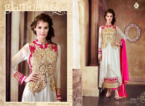 Fancy Anarkali Suit - Top Class Fabric, White, Long | Stylish Design, Hand Embroidery, Customizable Size, Perfect Stitching