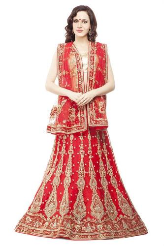 Tomato Red Net Lehanga Unstitched