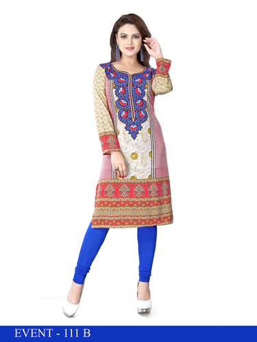 Pink and Blue Embroidred American Crepe Kurti
