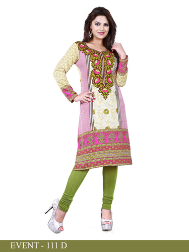 Pink and Green Embroidered Long Kurti - American Crepe, 45" Length, XS-3XL | Elegant Floral Embroidery, Comfortable Fabric, Versatile Style
