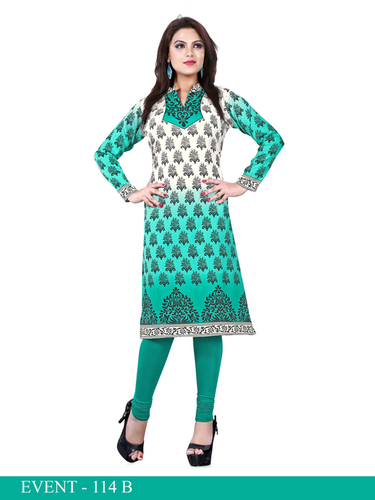 White and Green Embroidered Long Kurti - American Crepe, 45", XS-3XL, Floral Embroidery, Elegant Design