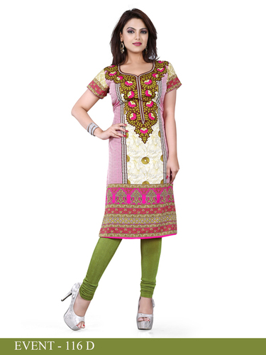 Pink and Green Embroidered Long Kurti
