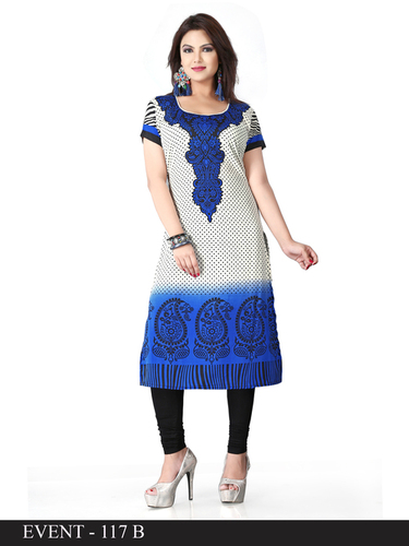 Blue and White Embroidered Long Kurti - American Crepe, 45" Length, Round Neck | Elegant Design, Comfortable Fabric, Versatile Style