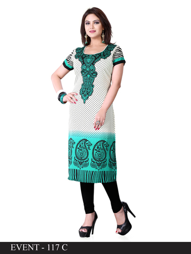 White and Green Embroidered Long Kurti