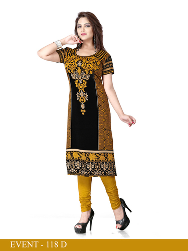 Black and Yellow Embroidered Long Kurti