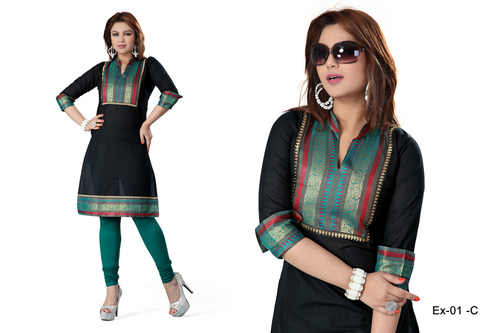 Black and Green Embroidered Cotton Kurti