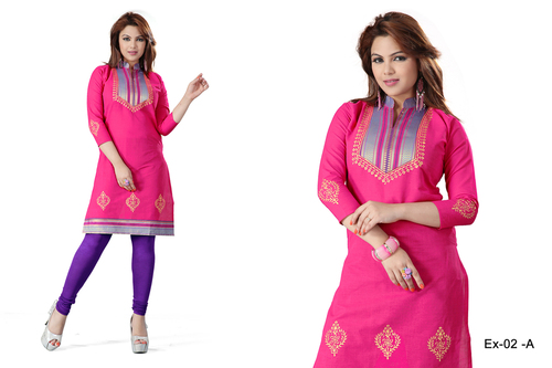 Pink Embroidered Cotton Kurti - 100% Cotton, S-5XL, Pink, Mandarin Collar | Comfortable, Stylish, Knee-Length, Three-Quarter Sleeves