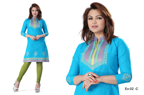 Blue Embroidered Cotton Kurti
