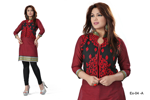 Black and Red Embroidered Cotton Kurti