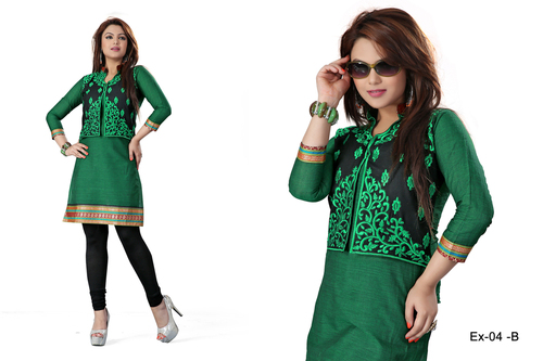 Black and Green Embroidered Cotton Kurti