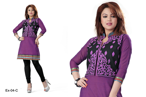 Black and Purple Embroidered Cotton Kurti