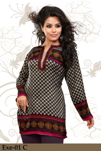 Brown Printed jacquard Kurti