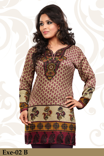 Maroon Printed Jacquard Kurti - French Jacquard Fabric, XS-4XL | Silky Print, V-Neck, Long Sleeves, Soft Comfortable Fit