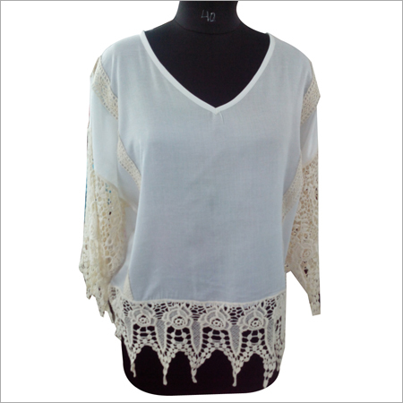 Embroidered Ladies Tops - Cotton Blend, 24 Inches, Off-White | Lace Embroidery, Elegant Design, Comfortable Fit, Stylish Sleeves