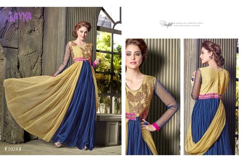 Latest Designer Gown - Silk Chiffon, 54 Inches, Golden | Embroidery Beads, Elegant Design, Perfect Fit