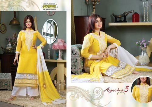 Fancy Salwar Suit - Soft Silk, 54 Inches, Yellow | Floral Embroidery, Comfortable Fit, Elegant Design, Handcrafted