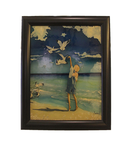 Girl with bird Painting on Toughened Glass