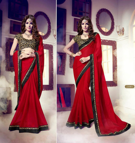 Red Georgette Fabulous Saree - Customized Upto 42", Embroidered Design | Modern Style, Dry Clean Only, Luxurious Fabric