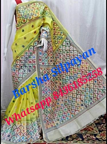 Tussar Silk Dye Kantha Stitched Saree